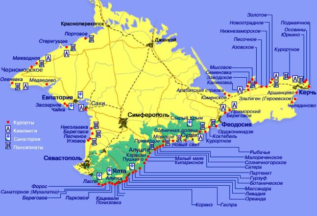 Крым карта побережья с городами и поселками для отдыха 2023