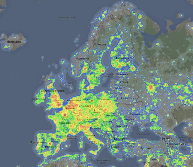 Карта светового загрязнения неба